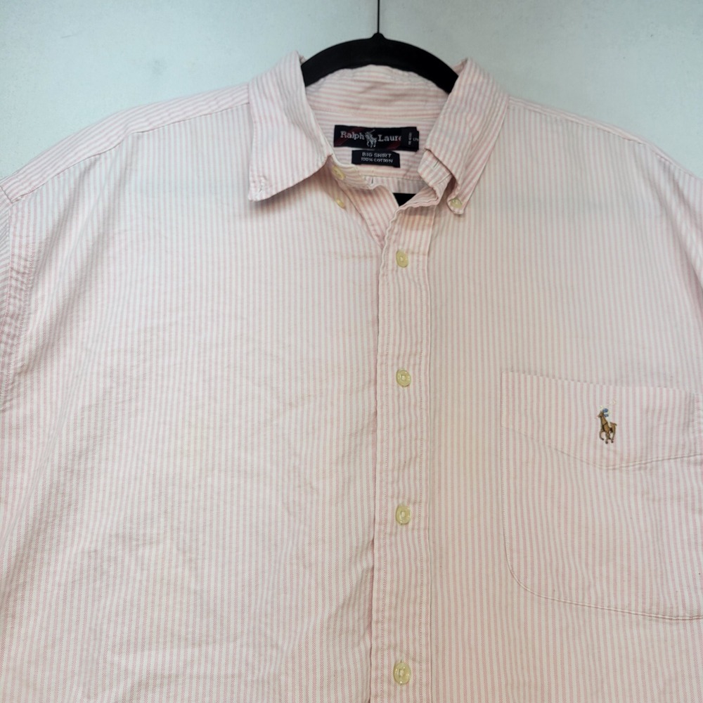 Ralph Lauren Big Shirt Mens XL Pink Striped Short Sleeve Button Down Cotton Pony - Picture 2 of 7
